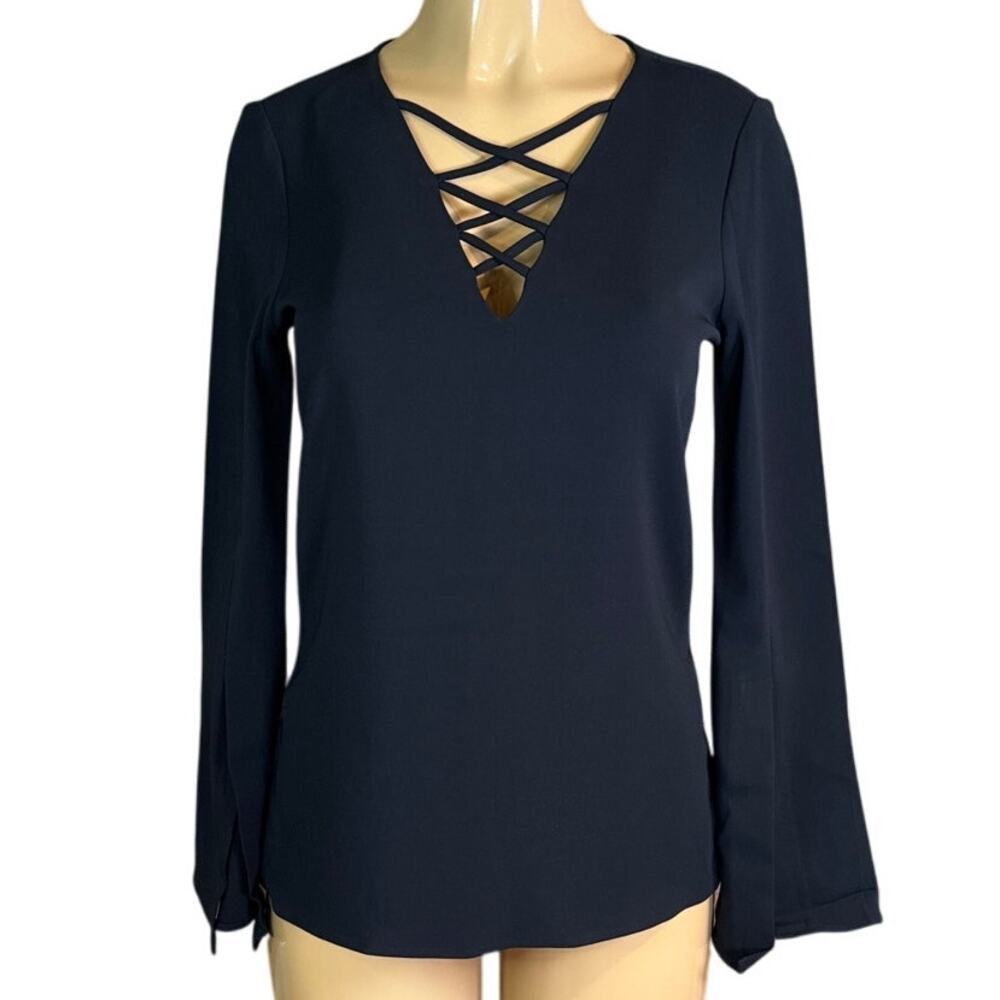 Ramy Brook Criss Cross Neck Blouse Long Bell Sleeve Top Solid Black Size 2